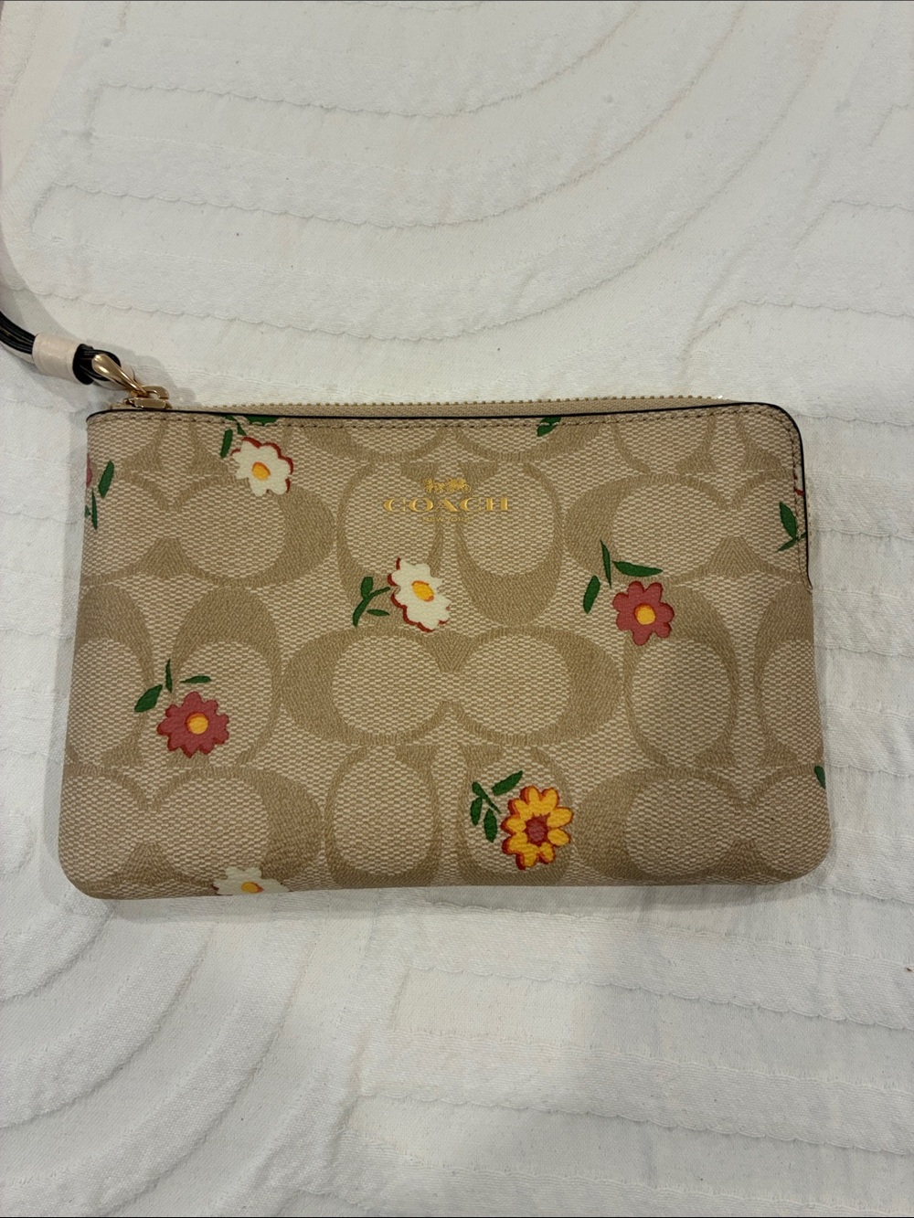 Coach Beige Signature Floral Zip Wristlet with Gold Logo